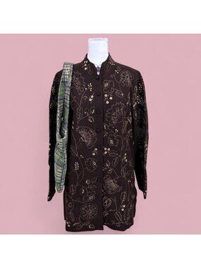 90s brown floral embroidered boho lightweight wool jacket